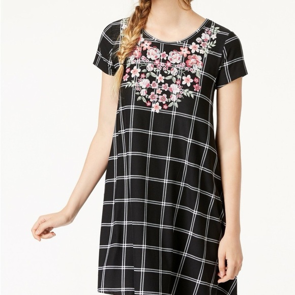 Derek Heart Junior's Puff-Paint Plaid Swing Jersey Dress Black Sz L - Picture 1 of 7